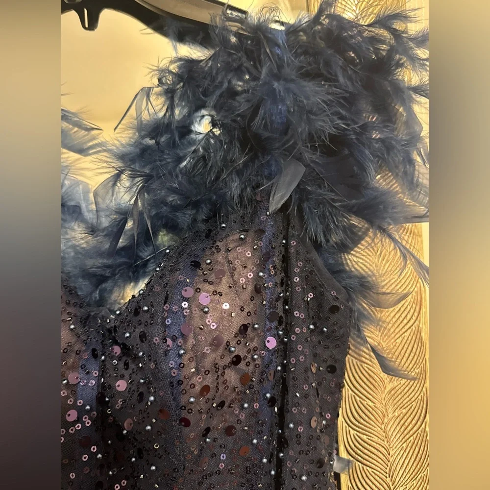 Elegant Navy Evening Gown with Feather Details - Picture 8 of 10